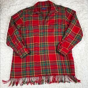 Breeches Women's 100% Wool, Full Zip Red Plaid Fringe Shacket, Size Medium